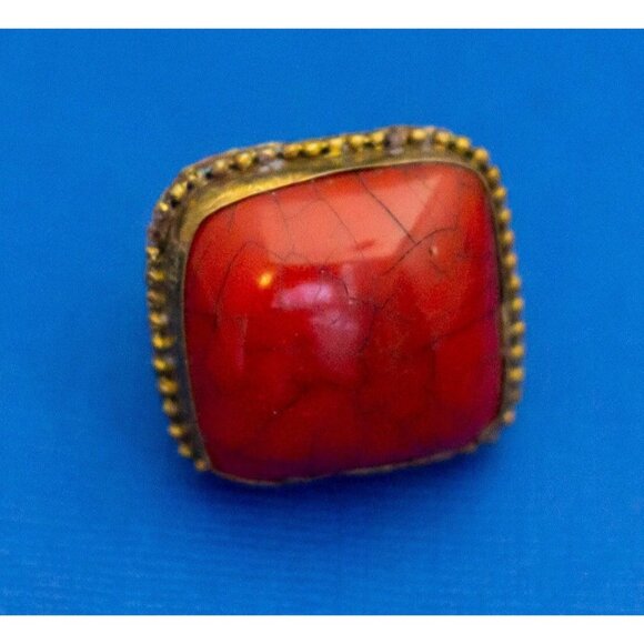 Size 7, Vintage Adjustable Red Faux Gem Art Deco Gold Tone Ring D9 - Picture 1 of 5